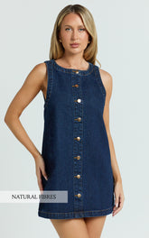Leia Mini Dress - High Neck Mock Button Down Mini Dress in Dark Blue Wash