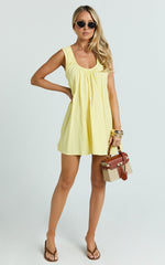 Lucinda Mini Dress - Deep U Gathered Neck Smock Dress in Lemon