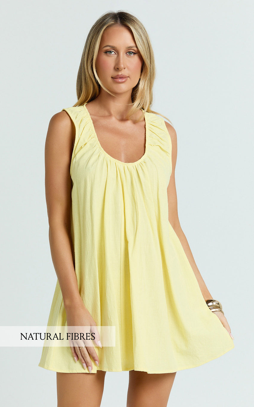 Lucinda Mini Dress - Deep U Gathered Neck Smock Dress in Lemon