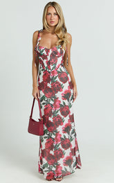 Mabel Maxi Dress - Georgette Frill Sleeve Sweetheart Bias Cut Dress in Rose Blanca