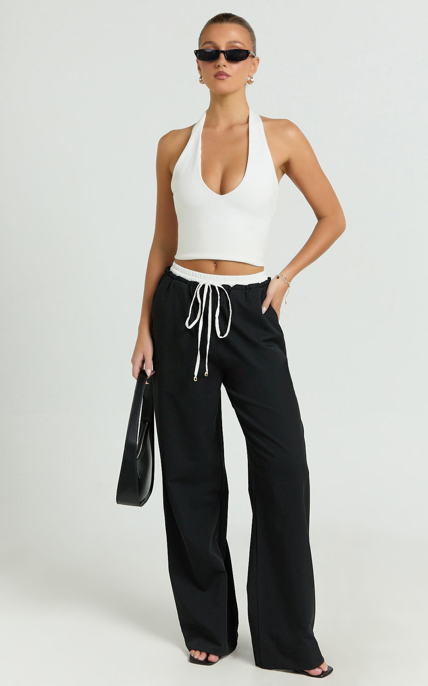 Maliha Pants - Mid Rise Contrast Elasticated Drawstring Wide Leg Tailored Pants in Black