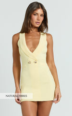 Melanie Mini Dress - Collared Halter Double Breasted Fitted Dress in Lemon