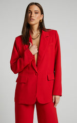 Michelle Blazer - Oversized Plunge Neck Button Up Blazer in Red