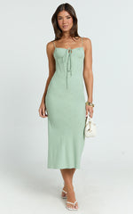 Mikayla Midi Dress - Linen Scoop Neck Ruched Bust Corset Waist Bias Skirt Dress in Sage