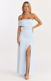 Opal Maxi Dress - Off Shoulder Gathered Bodice Fit And Flare Dress in Blue
