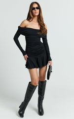 Ophelia Mini Dress - Off Shoulder Flip Skirt Jersey Ruched Dress in Black