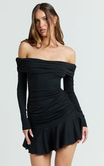 Ophelia Mini Dress - Off Shoulder Flip Skirt Jersey Ruched Dress in Black