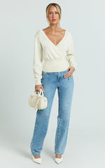 Paige Cardigan - Long Sleeve Deep V Cardigan in Cream