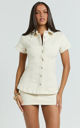 Paige Top - Button Down Short Sleeve Denim Top in Ecru