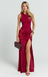 Pepper Maxi Dress - High Neck Bodysuit with Draped Skirt in Cherry