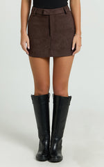 Priscilla Mini Skirt - Mid Waist Faux Suede Skirt in Dark Chocolate