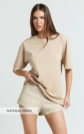 Prizza Top - Longline Boyfriend Tee Top in Putty