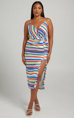 Fhel Midi Dress - Strappy Twist Front Dress in Multi Stripe Satin