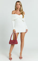 Rani Mini Dress - Off Shoulder Long Sleeve Bodycon Dress in Off White