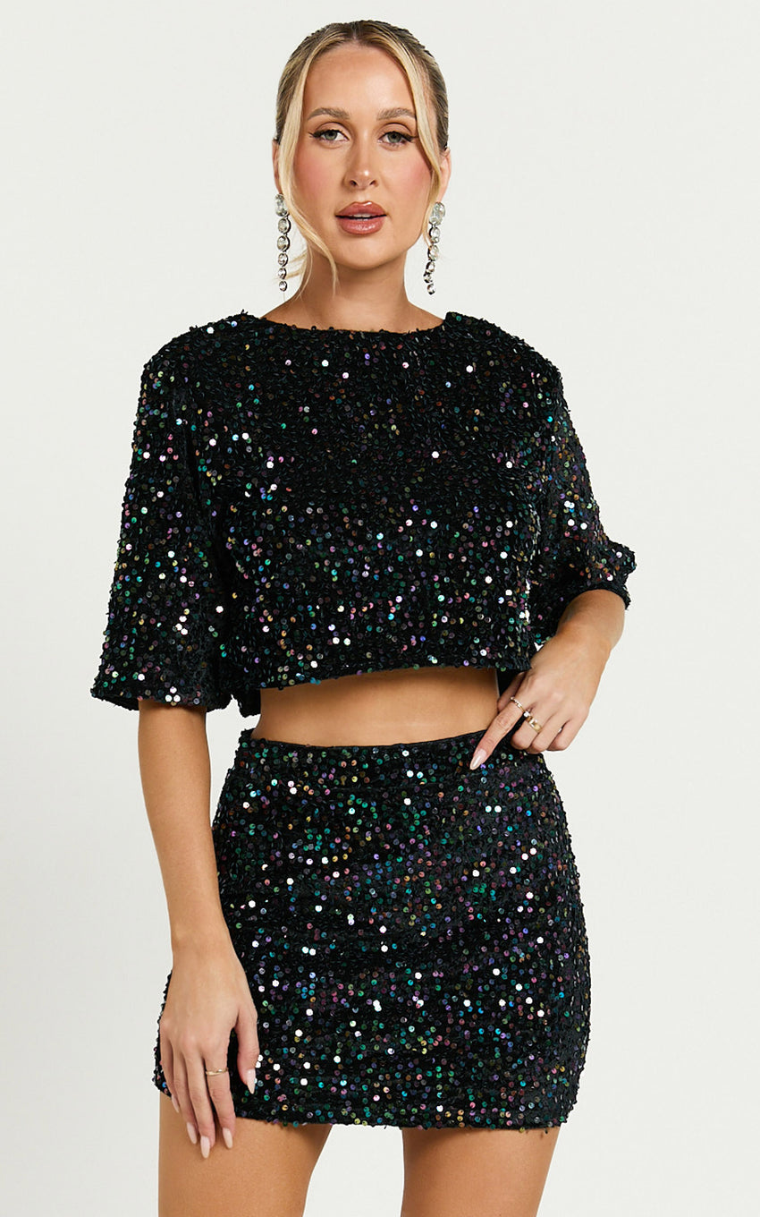 Reah Two Piece Set - Tie Back Top and High Waisted Sequin Mini Skirt in Black