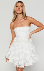 Rheiva Mini Dress - Strapless 3D Embroidery Dress in White