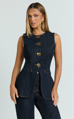 Rhianna Top - Button Down Longline Recycled Denim Vest Top in Raw Denim
