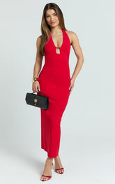 Ricki Maxi Dress - Plunge Halter Low Back Bodycon Dress in Rose Red