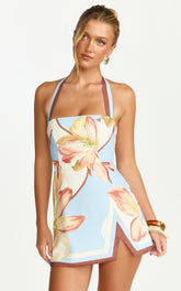 Robyn Mini Dress - Square Neck Halter Neck Faux Wrap Dress in Retro Flower Border Print