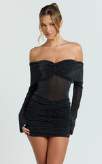 Rumi Mini Dress - Glitter Tulle Off Shoulder Ruched Dress in Black