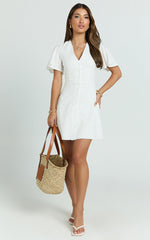 Sahar Mini Dress - Flutter Sleeve Button Through Dress in White
