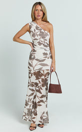 Schiffer Maxi Dress - One Shoulder Ruched Bodycon Dress in Neutral Floral Print