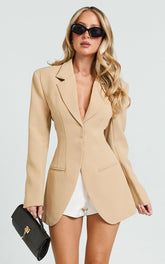Seville Blazer - Long Line Notched Lapel Blazer in Beige