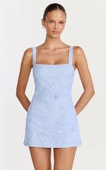 Sienna Mini Dress - Square Neck Floral Embroidered A Line Dress in Blue