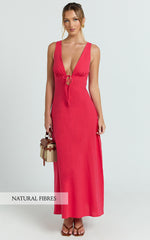 Silvena Midi Dress - V Neck Tie Front A Line Dress in Red