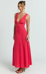 Silvena Midi Dress - V Neck Tie Front A Line Dress in Red