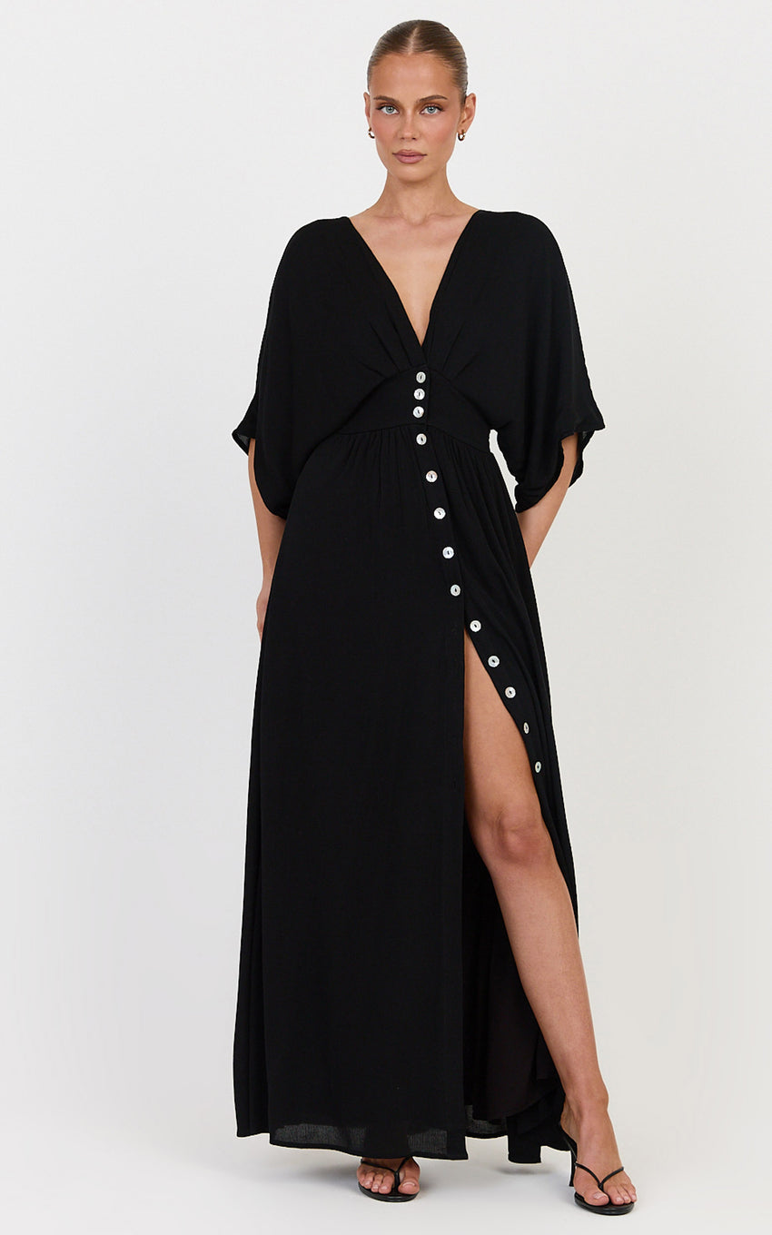 Sitting Pretty Maxi Dress - Short Sleeve Button Down Dress in Black