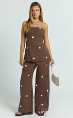 Skye Two Piece Set - Strapless Longline Top and Pant Set in Chocolate Polka Dot