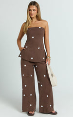 Skye Two Piece Set - Strapless Longline Top and Pant Set in Chocolate Polka Dot