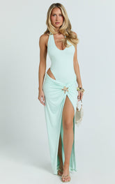 Solara Bodysuit - Deep V Halter Neck Tie Back Asymmetric Leg Bodysuit in Mint