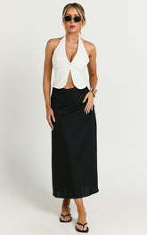 Sundry Midi Skirt - Linen High Waisted Cross Front Detail Skirt in Black