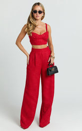 Sylvia Two Piece Set - Corset Top and High Waisted Wide Leg Pants Set in Red