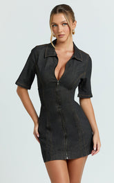 Tessie Mini Dress - Zip Front Collared Denim Mini Dress in Black