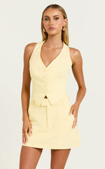Virginia Top - Halter Neck Button Down Vest in Pastel Yellow