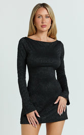 Winnie Mini Dress - Boat Neck Flute Sleeve Dress in Black