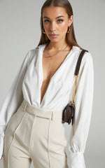 Zephyr Bodysuit - Plunge Neck Cowl Bodysuit in White