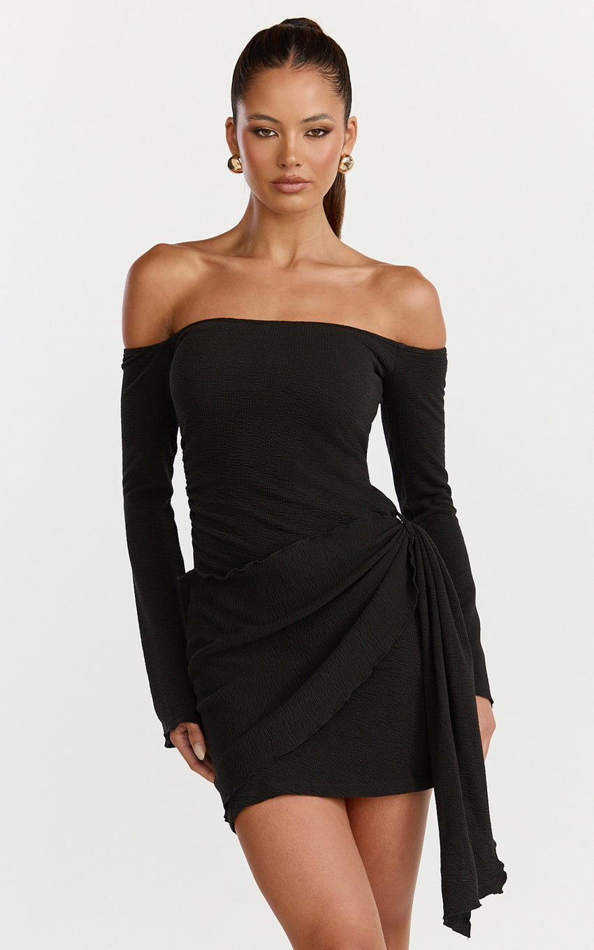 Noah Mini Dress - Off Shoulder Draped Skirt Jersey Dress in Black