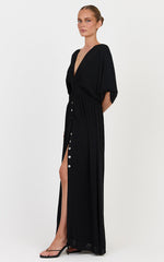 Sitting Pretty Maxi Dress - Short Sleeve Button Down Dress in Black