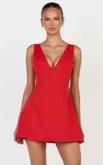Karissa Mini Dress - V Neck Fit And Flare Dress in Red