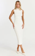 Aleks Midi Dress - High Neck Bodycon Dress in Off White
