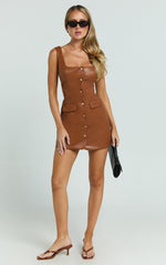 Nami Mini Dress - Faux Leather Square Neck Gold Button Dress in Camel