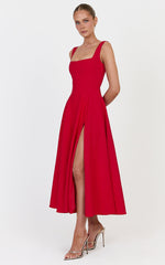 Bernie Midi Dress - Square Neck Strapped Full Circle Skirt Dress in Red