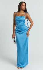 Abe Maxi Dress - Cowl Neck Ruched Bodice Slip Dress in Blue