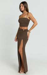 Adalee Two Piece Top and Skirt Set - Square Neck Gold Hardware Detail Top And Low Waist Maxi Skirt in Chocolate