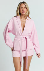 Adela Jacket - Cocoon Sleeve Cinched Waist Self Belt Jacket in Pale Pink