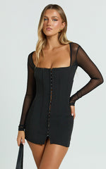 Alaya Mini Dress - Sheer Long Sleeve Hook and Eye Dress in Black